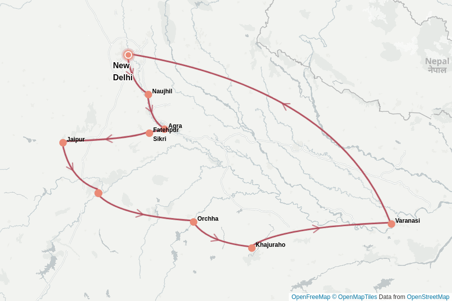 Itinerary Map image for Indien: Taj Mahal & Varanasi