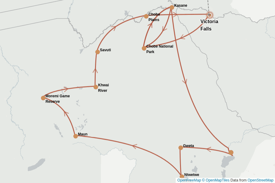 Itinerary Map image for Botswana In Depth: Safari, River & Salt Pans