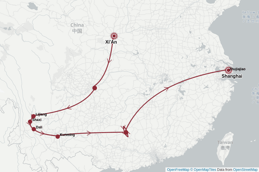 Itinerary Map image for China tour including Yunnan