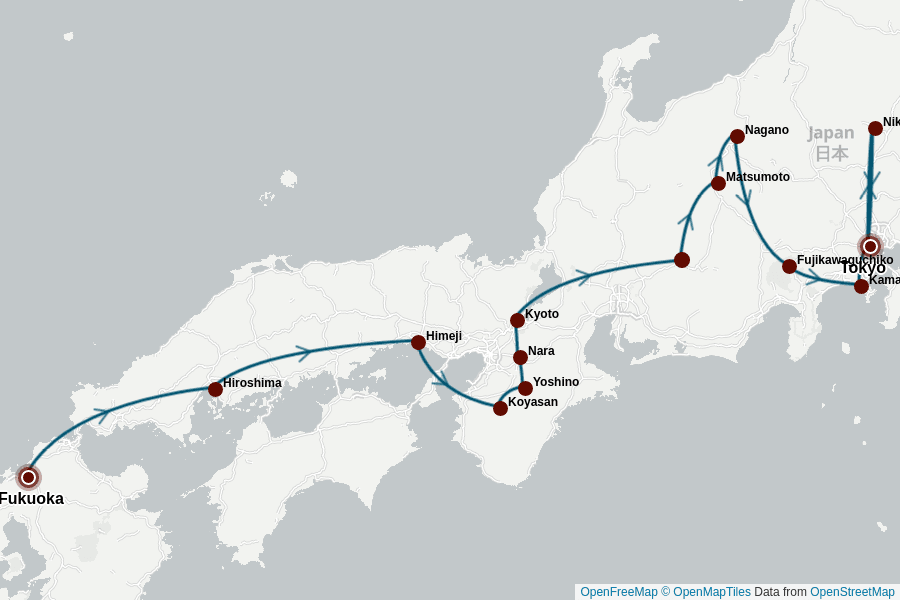 Itinerary Map image for Japan Round Trip 3 Weeks: Golden Route Plus